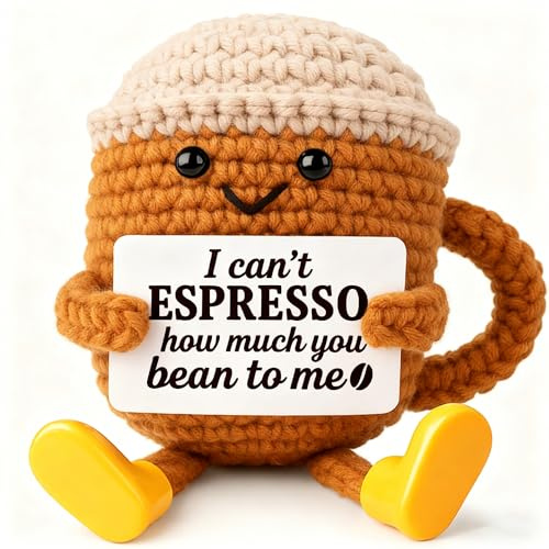 Bafiwu Funny Birthday Gifts for Women Men, Positive Crochet Coffee Cup Table Decor,Cute Coffee Lover Gift Coffee Mug Accessories, Christmas Decor