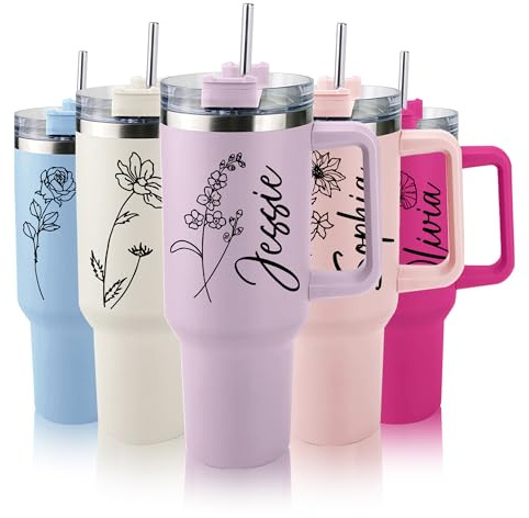 TERRALIX Personalised 40oz Tumbler with Handle and Straw Lid Custom Insulated Tumbler with Name and Birth Flower Stainless Steel Water Bottle Travel Mug Birthday Gifts for Women Men (Style 3)