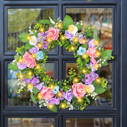 Türkranz Frühling mit LED Licht, 40cm Frühlingskranz Haustür Beleuchtet mit Blumen Rosen Kranz Frühling Blumenkranz mit Lichterkette Batteriebetrieben Ostern Türkranz Ganzjährig Wandkranz (D)