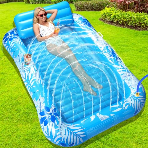colmanda Matelas Gonflable Piscine avec Arroseur, Hamac Gonflable Piscine avec Coussins Et Porte-Gobelets, Imprimé Matelas De Bronzage 210 * 130 cm pour Piscine, Jardin, Pelouse Et Plage (Bleu)