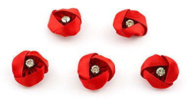 Blumen 3cm x 5 Stück Aufnäher Stoffblumen klein zum Basteln Haarschmuck Deko Satinrosen Rosenköpfe Rosen mit Strass Farbe: Rot