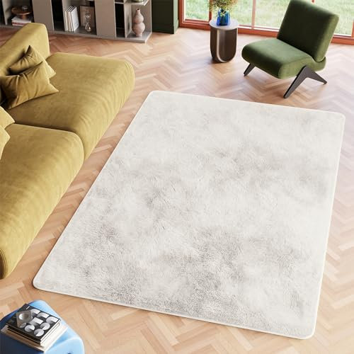 TAPISO Silk Teppich Shaggy rutschfest Weiß Creme Einfarbig Antirutsch Hochflor Langflor Modern Schlafzimmer Wohnzimmer Bedvorleger ÖKO-TEX 140 x 200 cm