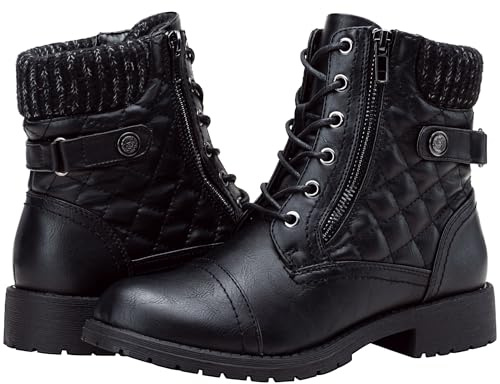 Vepose Women's Black Ankle Boots, Lace up Casual Combat Booties, Size 8 US - 927 Knitting Wool (CJY927 black 08)