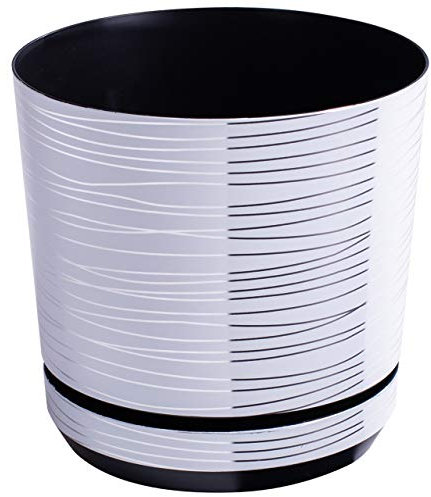 KORAD - Pot de fleurs avec soucoupe intégrée, décor 071, blanc avec fil argenté, diamètre 16 cm, pot pour plantes, en plastique, de haute qualité, avec trous de drainage