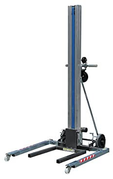 Carrello elevatore manuale in alluminio. Altezza massima 3,35 metri e capacità 135 kg.
