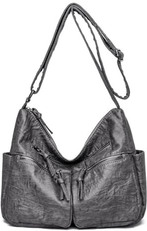FANDARE Leichte Schultertasche Damen Umhängetasche Frauen Vintage Schulranzen Wasserdicht PU Leder Women Purse für Shopper Reisen Arbeitstasche Messenger Bags Grau