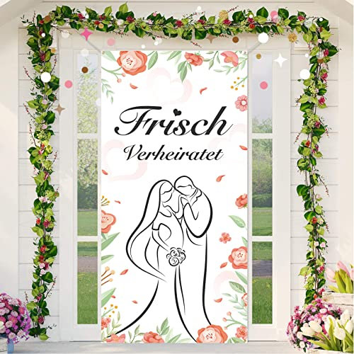 DPKOW Frisch Verheiratet Tür Banner für Hochzeit Dekoration, Blumen Blätter Brautpaar Banner für Hochzeit Tür Wand Deko, Hochzeit Hintergrund Garten Dekoration, Just Married Banner 185 x 90cm