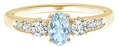 Drei Stein 5 x 7 mm ovaler blauer Aquamarin-Edelstein 925er Sterling Silber Weißer Zirkonia-Ring mit Seitenakzenten (Gold-Vermeil, 19)
