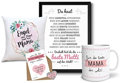 OWLBOOK Beste Mama Geschenkset Bild A4 Tasse und Kissen WeihnachtsgeschenkGeschenk Geschenkidee für Mama Mum Mutter Weihnachten Geburtstag Muttertag personalisierbar optional im Holzrahmen