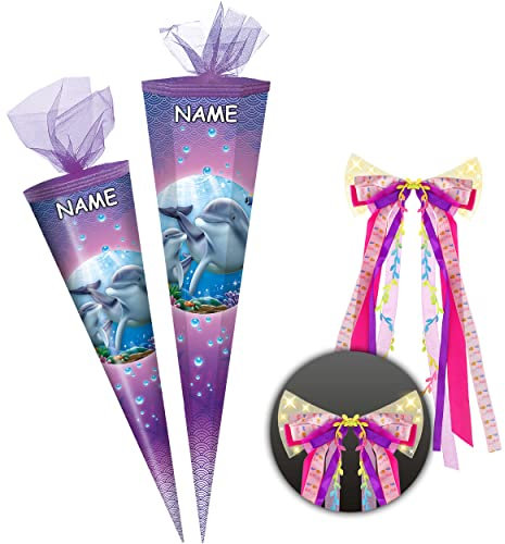 alles-meine.de GmbH Schultüte - Delfin & Fische 50-85 cm Größe wählbar inkl. Name + LED LICHT - Schleife - Zuckertüte - Tüllabschluß - eckig/rund - Mädchen - klein & gr..