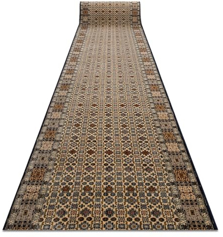 rugsx KESHAN Läufer - Wollteppich im Orientalischen Design in Beige & Dunkelblau - Eleganter Teppich für Flur & Wohnzimmer 90x300 cm