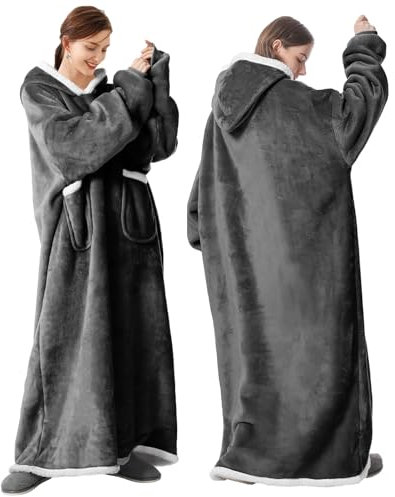 FEELJAM Coperta con maniche donna Coperta con cappuccio da uomo Coperta accogliente con maniche Per coperta TV per adulti (Grigio scuro, 180 di lunghezza)