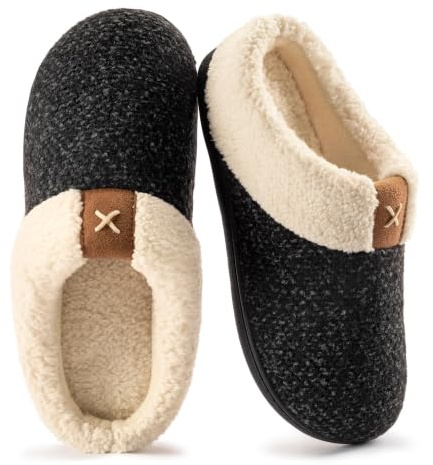 ULTRAIDEAS Ladies' Cozy Memory Foam Slippers Fuzzy Wool-Like Plush Fleece Lined House Shoes w/Indoor, Outdoor Anti-Skid Rubber Sole(Dark Black, 6.5 UK)