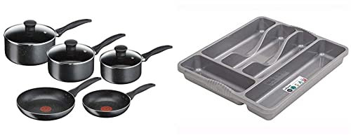 Tefal 5 Piece Origins Stone Pots and Pans Set, Non Stick, Aluminium, Black, & Wham Silver 5 Compartment Plastic Cutlery Holder Tray Drawer Organiser Rack