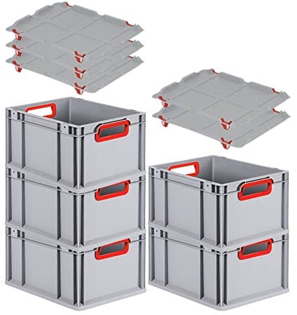 PROREGAL SuperSparSet 5x Eurobox NextGen Color mit Auflagedeckel & Schiebeschnappverschlüsse, HxBxT 22x30x40cm, 20L, Griffe rot offen, Glatter Boden, Eurobehälter Transportbox Transportbehälter