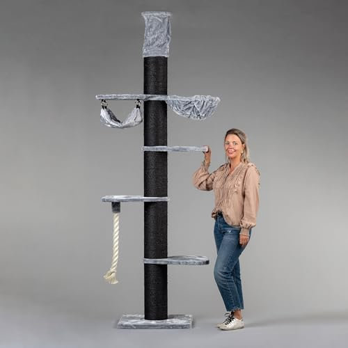 RHRQuality Kratzbaum für große Katzen – Maine Coon Tower Crown – 230 bis 250 cm hoch – mit extra dicken 20 cm Sisalstämmen – Blackline Hellgrau