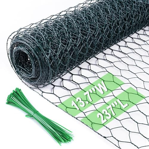 Hühnerdraht, 34,8 x 599,4 cm, sechseckig, verzinktes Netz, Gartenzaun, Barriere für Haustiere, Kaninchen, Hühnerzäune, mit 100 Kabelbindern (PVC-beschichtet)