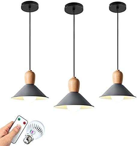 Paquete de 3 lámparas colgantes, lámpara de techo que funciona con pilas, no cableadas, luces colgantes inalámbricas multifunción con mando a distancia, bombillas recargables incluidas, para isla de