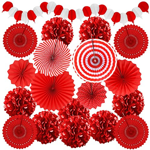 Recosis Rot Party Dekoration, Papier Pompoms Aufhängen Fächer Girlande für Fiesta Party Dekoration Romantisch Dekoration Rote Party und Valentinstag Deko Party Hochzeit Geburtstag Festival