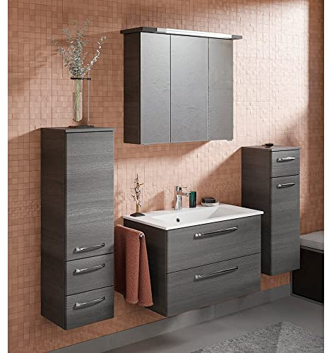 Lomadox Badezimmer Badmöbel Set mit Waschtisch Waschtischunterschrank Mineralmarmor Waschbecken Spiegelschrank Midischrank Unterschrank Graphit Struktur quer