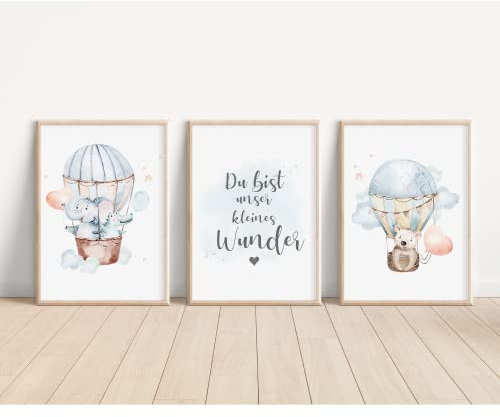 MeinBaby123® Bilder | 3er Set DIN A4 | Kinderzimmer Poster | Deko Bilder | Babyzimmer Deko Regenbogen | Taufgeschenk, Geschenk zur Geburt (Elefant & KrokoV1)