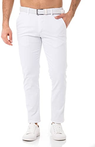 Redbridge Herren Chino-Hose mit Gürtel Bequeme Freizeit- und Businesshose Weiß W30 L34