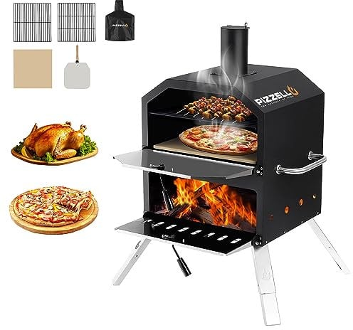 PIZZELLO Horno de Pizza Al Aire Libre de 16 Pulgadas, 2 Capas, Madera y Carbón, Con Piedra de Pizza, Pala, Parrilla y Cubierta