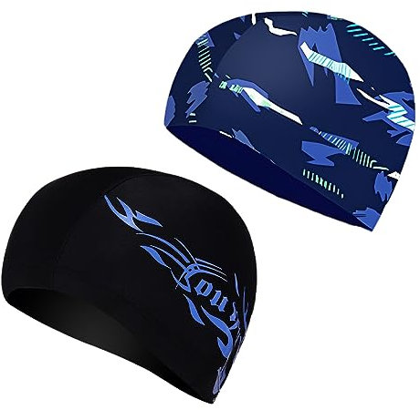 Tadipri 2 Pezzi Cuffie da Nuoto,Cuffie Piscina,Cuffie da Piscina Nuoto,Adulto Cappello da Nuoto,Unisex Cuffia da Bagno Sport Acquatici(Fuoco Blu su Sfondo Nero, Blu Scuro)