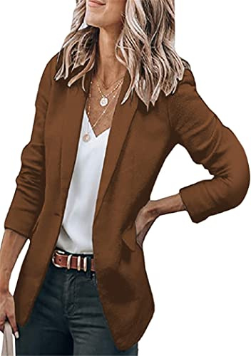 OMZIN Femmes Casual Solid Color Office Jacket Costume Open Front Button Down Work Business Blazer Marron 3XL