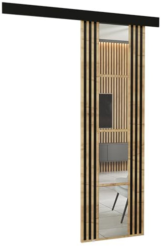 KIER FURNITURE Wandschiebetüren mit Spiegeln EMPI 70 – Schiebetür Komplettset Schiene Komplettset Mit Tür – Zimmertüren Mit Zarge Komplett - B76xH205xT1,6 cm - Eiche Craft Golden