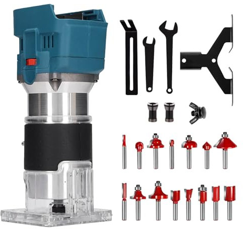 Fresa professionale a batteria, fresatrice per bordi a batteria, fresa per legno, fresa per legno, 800 W e 15 pezzi, fresa in metallo duro da 6,35 mm (per Makita 18 V, motore brushless, consegna senza