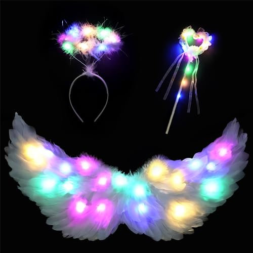 Goenb Ilumina Alas de Angel, Disfraz de Angel para Mujeres Adultas Niñas Alas de Angel y Halo Accesorios para Fiestas de Halloween