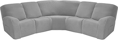 LiveGo Sofa Covers Corner Sofa Covers, 7-Piece Sectional Couch Cover Corner Sofa Slipcover, L Shape Sectional Recliner Sofa Covers, Super Stretch Grid Sofa Slipcovers (Light Grey)