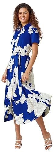 Roman Shirt Dress for Women UK Ladies Short Sleeve Sleeveless Belted Collared Midi Maxi Summer Spring Smart Casual Button Evening Office A Line Swing Skater - Royal Blue - Size 14