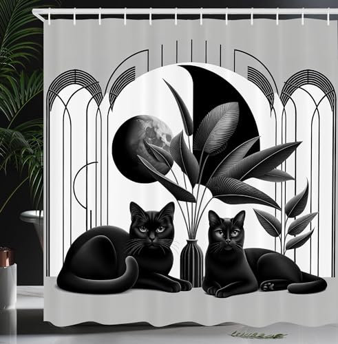 ABAKUHAUS Katze Duschvorhang, Mid Century Modern Boho Konzeptdesign mit 2 schwarzen Kätzchen Mond Exotisch, Stoffliches Gewebe mit Haken, 175 x 200 cm, Blasses Grau Anthrazitgrau