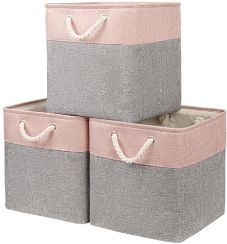 Mangata Canvas Storage Boxes, 28x28x28cm Fabric Storage Baskets for Shelves Organizing Clothes Nursery Home (Grey/Pink, Set of 3)