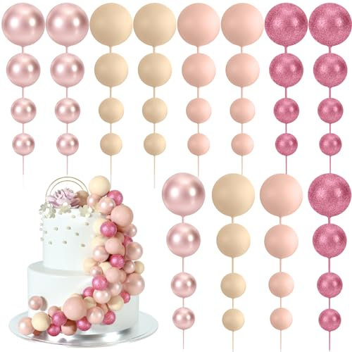BOUBONI 48 Pcs Balls Cake Topper Decorations Balloon Cupcake Toppers Foam Cake Topper Balls Cake Balls Decorations for Birthday Party Wedding (Glitter Pink, Rose Gold, Light Brown, Apricot)