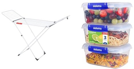 Vileda Extra X-Legs Clothes Airer, Indoor Clothes Drying Rack with 20m Washing Line, White & Sistema KLIP IT PLUS Food Storage Containers | 1 L | Leak-Proof, Stackable & Airtight Fridge/Freezer