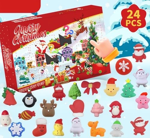 KAHEIGN Calendario Dell'avvento 2024, Conto alla Rovescia di Natale di 24 Giorni con 24 Pezzi Giocattoli Mochi Squishy per Bambini dai 3 ai 9 Anni Natale Regali Bomboniere (26cm x 21cm)