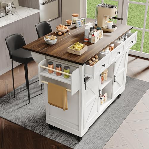 Isla de cocina con superficie de trabajo extraíble – Mueble con cuatro puertas y dos cajones – Carro de comedor con vetas de madera