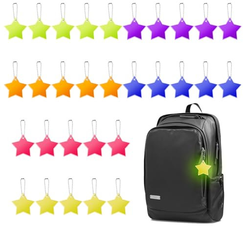 patinadrift Sicherheits Reflektor Anhänger, 30 Stück Kinder Reflektor Anhänger Schulranzen Anhänger Stern Reflektoren Anhänger für Handtasche Jacken, Rollstuhl Gehen, 6 Farben