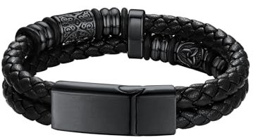 Richsteel Doppelreihiges Leder Armband für Herren mit Magnetverschluss aus Edelstahl Armspange Armband Keltische Elemente 23cm Schwarz