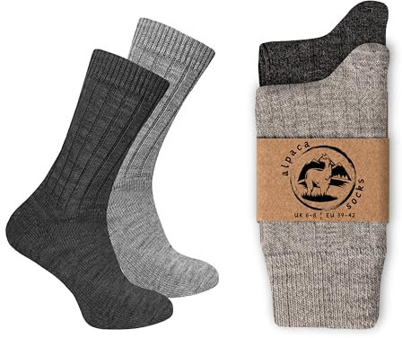 Alpaca Wool Socks for men and women, 2 pairs multipack, fine knit, warm, soft, cosy, natural, thermal, thick boot socks, walking hiking camping