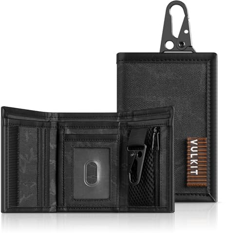 VULKIT RFID Blockierende Dreifach Gefaltete Herren Geldbörse Wasserabweisender Kartenhalter aus Stoff und Leder mit Münzfach mit Reißverschluss und Schlüsselschnalle für Tägliche Reisen im Freien