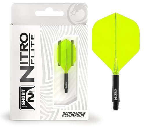 RED DRAGON Darts – Nitro Flite Integriert Flüge & Schäfte System – No.2 Form und Design – Schwarz & Gelb Farbe, Kurz Länge