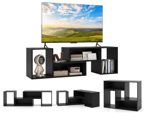 COSTWAY Mobile Porta TV Combinabile a 2 Pezzi, per TV Fino a 60'', Mobile TV a Angolo Soggiorno in Legno, con 4 Vani Aperti, Tavolo Media TV Multifunzionale, per Soggiorno, Camera da Letto (Nero)