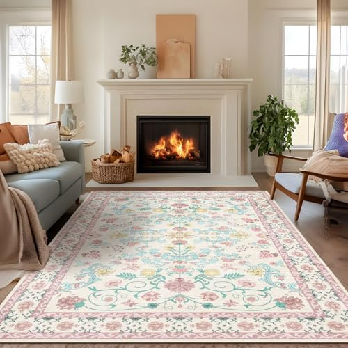 BSGIFT Waschbarer Teppich Wohnzimmer 120x160 Boho Blume Kurzflor Teppich rutschfest für Esszimmer Schlafzimmer Küche Weicher Carpet, Rosa