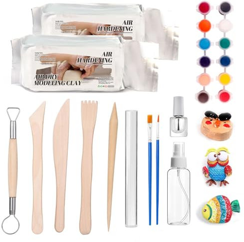 Kit de poterie DIY pour débutants, contient 1 kg d'argile sèche à l'air, kit de poterie pour adultes, enfants, pour la maison, convient pour façonner différents projets de bricolage