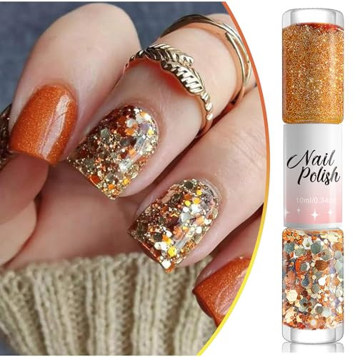 Glitter Nail Polish - Orange Nail Varnish, Double-Head Flash Glitter Nail Varnish, Quick Drying & Long Lasting Nail Polish for DIY Nail Art Manicure at Home (Micro-flash Orange+Flash Orange, 10ML)