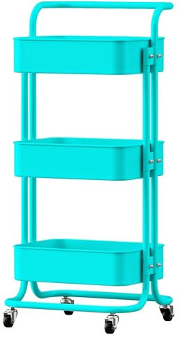 FUREINSTORE Carrito Auxiliar con Ruedas, Carro Organizador Metalico 3 Niveles Multiuso para Cocina, Baño, Dormitorio, Oficina, Fácil de Mover y Montar (Turquesa)
